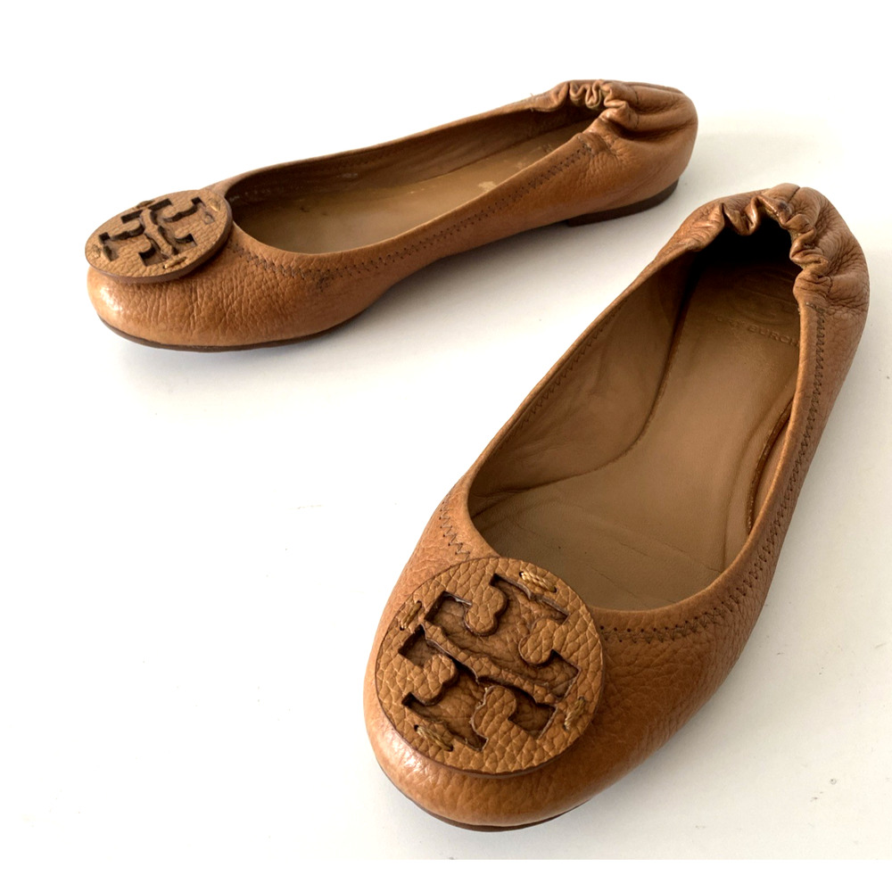 TORY BURCH Classic Minnie Ballet Flat Brown Leather Logo Slip On Round Toe Tan 9 - Picture 6 of 9